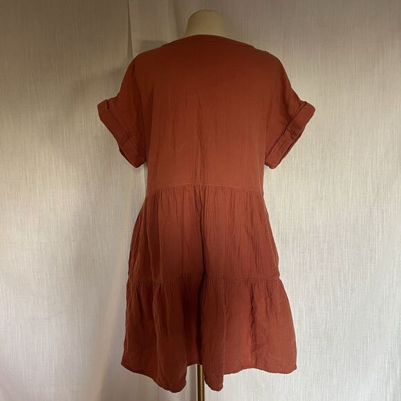 Madewell Lightspun Cuff Sleeve Button Front Tiered Dress Orange V Neck Medium - Picture 12 of 14